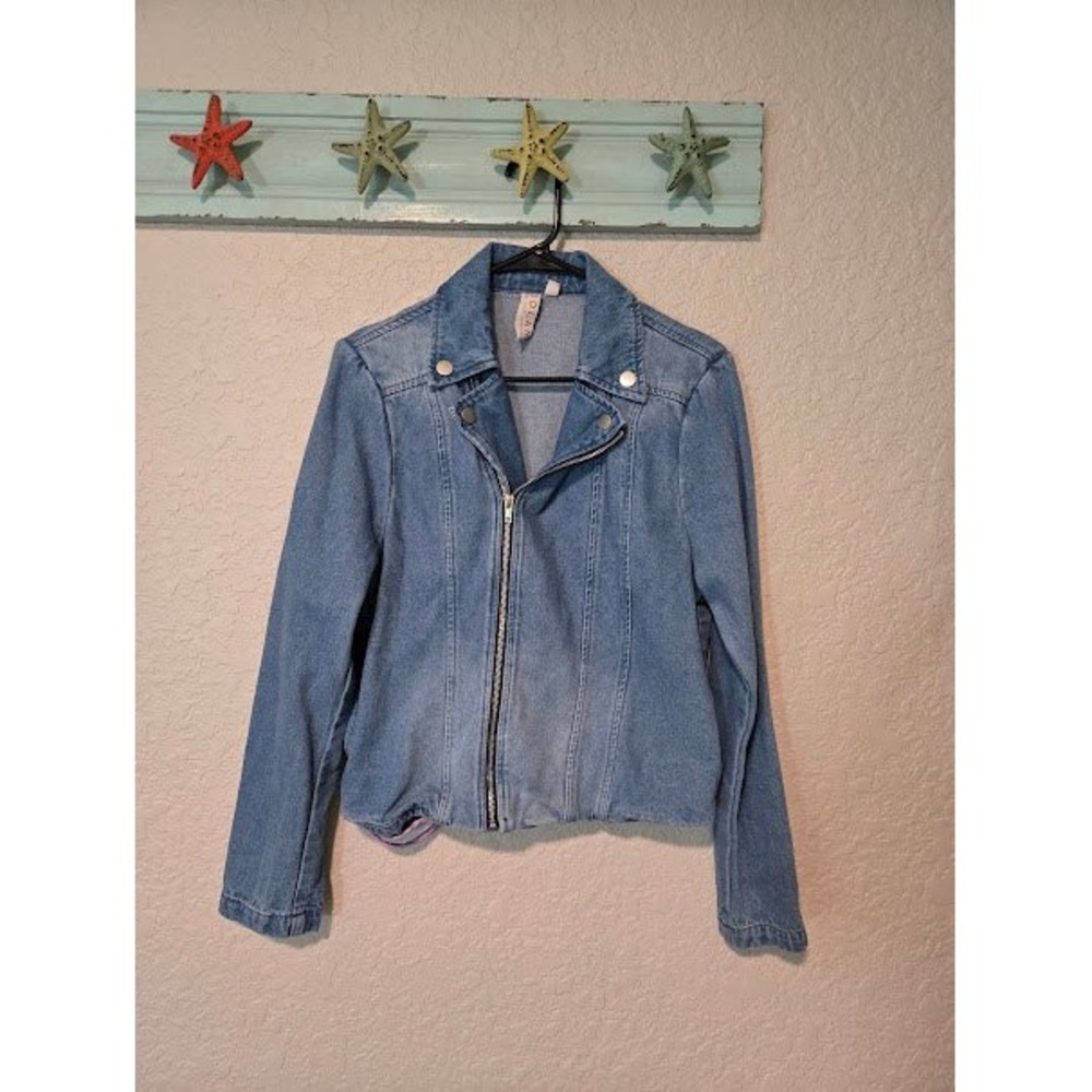 Dolan Left Coast Collection Denim Moto Jacket Light Wash Blue XXS